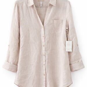 Sigrid Olsen Neutral Beige 100% Linen Button-Down Shirt NW